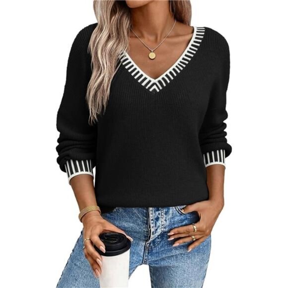 Women's Sweater Casual V Neck Long Sleeve Contrast Knit Pullover - Picture 1 of 6